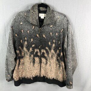 Vintage Kelly Lynn Jacket Womens 2X Plus Size Black Tan Bomber Peacock Feathers